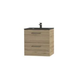 Tiger Studio Badkamermeubel 60 Cm Chalet Eiken Met Wastafel Polybeton Mat Zwart Greep Rvs Afgerond -Thuis Badkamer 123 1189