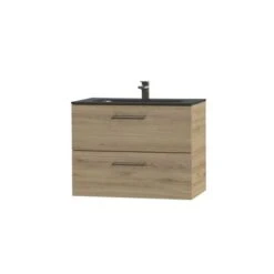 Tiger Studio Badkamermeubel 80 Cm Chalet Eiken Met Wastafel Polybeton Mat Zwart Greep Rvs Afgerond -Thuis Badkamer 123 1916