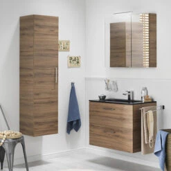 Tiger Studio Badkamermeubel 80 Cm Chalet Eiken Met Wastafel Polybeton Mat Zwart Greep Rvs Afgerond -Thuis Badkamer 123 1917