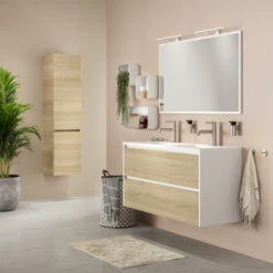 Tiger Reverse Meubelset 120 Cm Met 2 Lades Naturel Eik / Mat Wit Inclusief Quadro Wastafel Dubbel Hoogglans Wit -Thuis Badkamer 123 1962