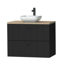 Tiger Maryport Badkamermeubelset 80 Cm Mat Zwart Met Licht Eiken Houten Wasblad, Keramische Opzetkom En Matzwarte Grepen