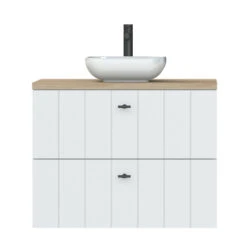 Tiger Maryport Badkamermeubelset 80 Cm Mat Wit Met Licht Eiken Wasblad, Keramische Opzetkom En Matzwarte Grepen -Thuis Badkamer 123 2065