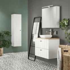 Tiger Maryport Badkamermeubelset 80 Cm Mat Wit Met Licht Eiken Wasblad, Keramische Opzetkom En Matzwarte Grepen -Thuis Badkamer 123 2072